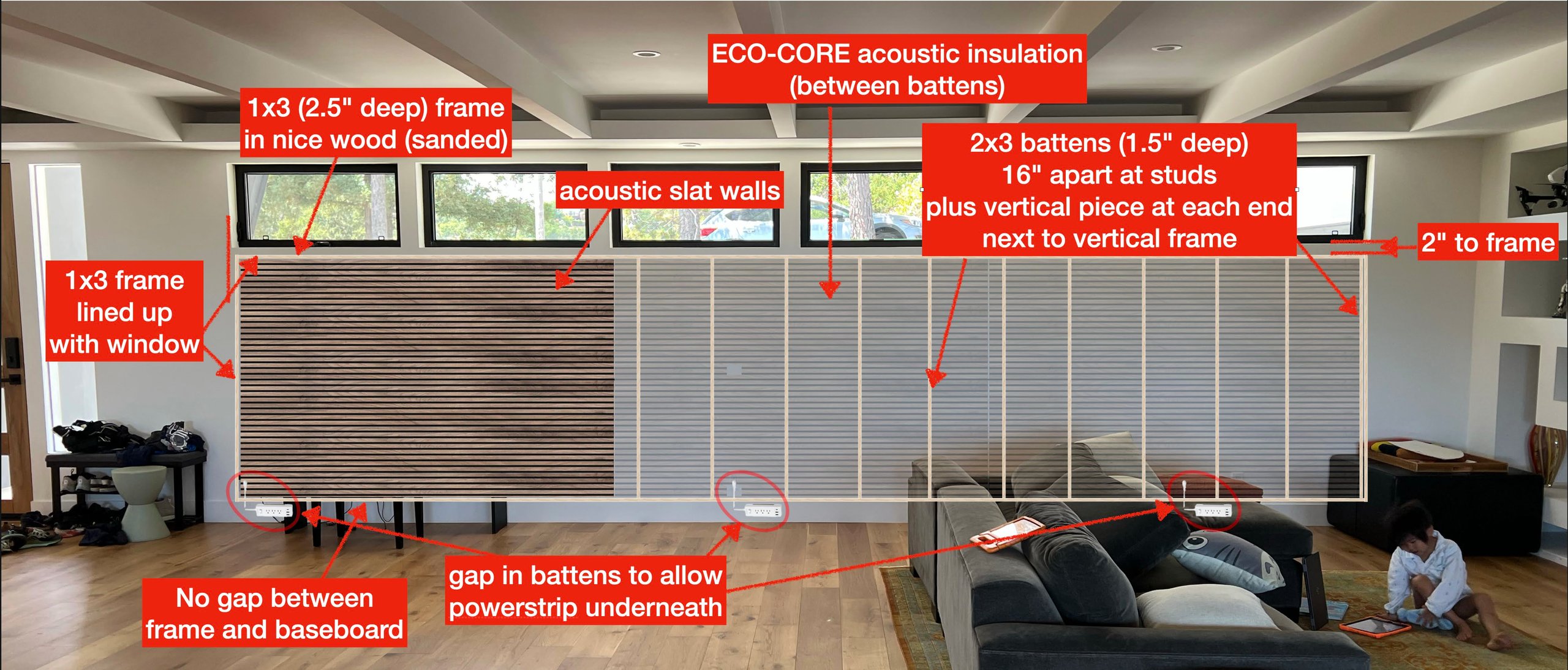 Acoustic slat wall: 23-foot walnut acoustic slat wall with battens and insulation, built to kill the echo in a hard-floored living room.