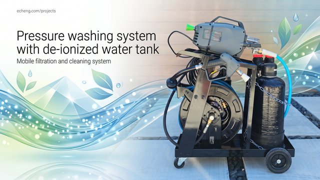 Spot-free car wash cart: Rolling car wash rig: electric pressure washer, hose reel, and a de-ionized water tank for a spot-free rinse.