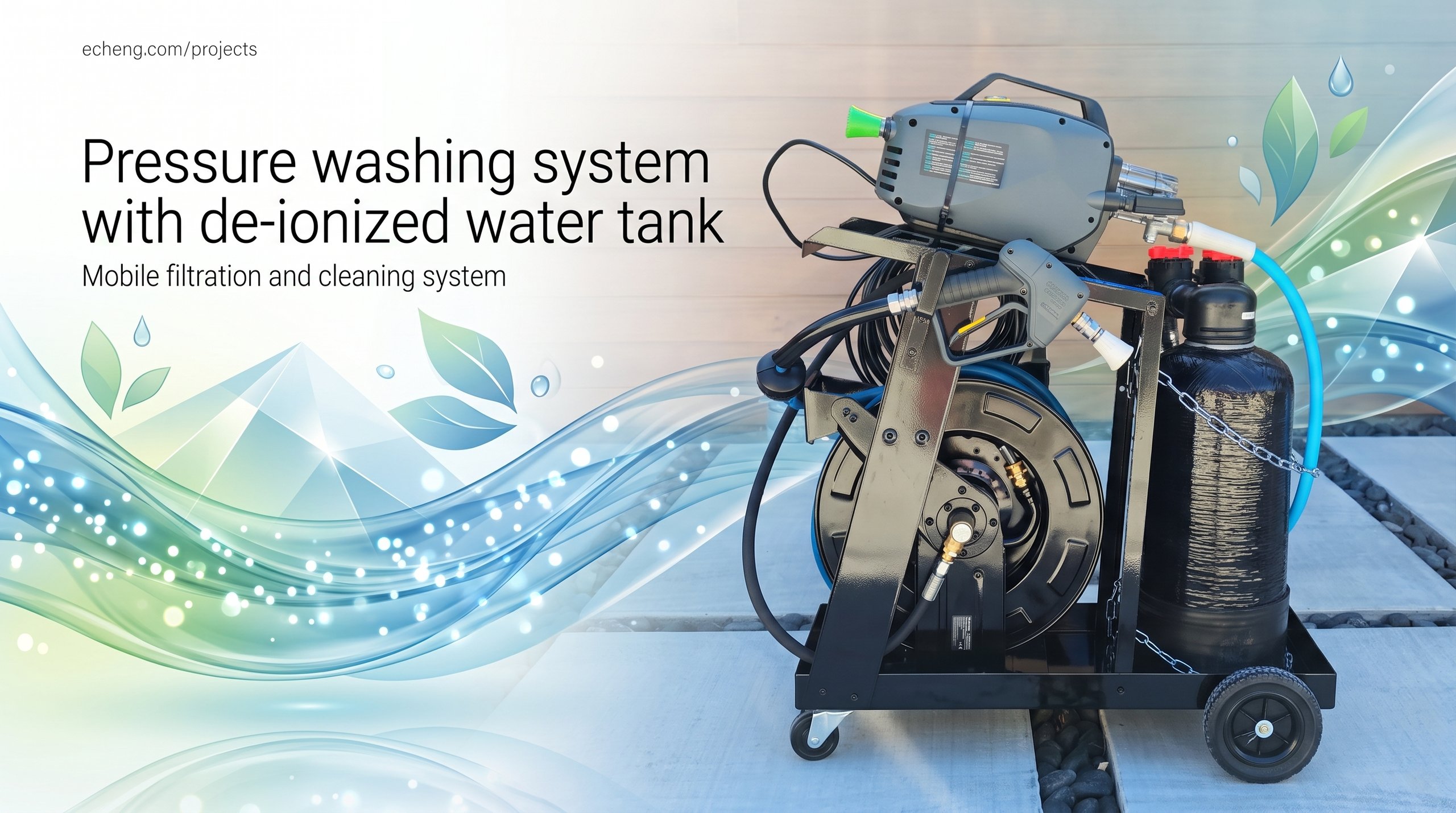 Spot-free car wash cart: Rolling car wash rig: electric pressure washer, hose reel, and a de-ionized water tank for a spot-free rinse.