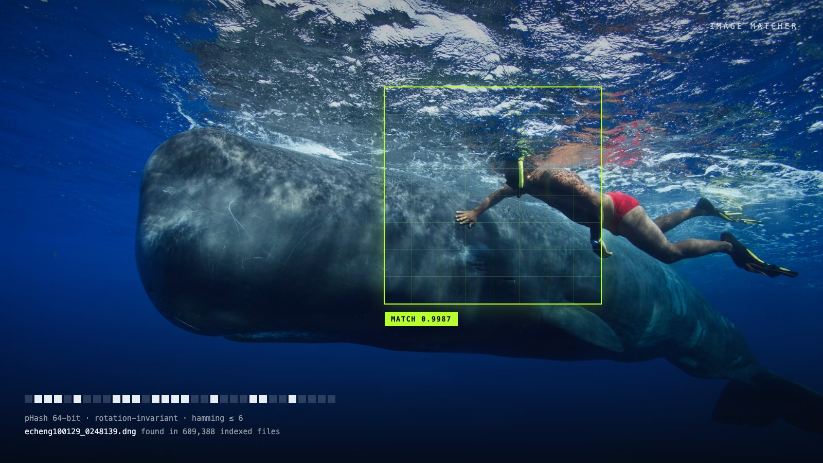 Image Matcher: Match ~27K stripped social media images to ~609K source files using rotation-aware perceptual hashing and a 2.4M-row hash index.