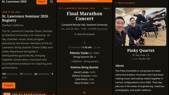 Music Festival Directory: Access-gated participant directory and concert-program browser for 144 participants at a live music seminar.
