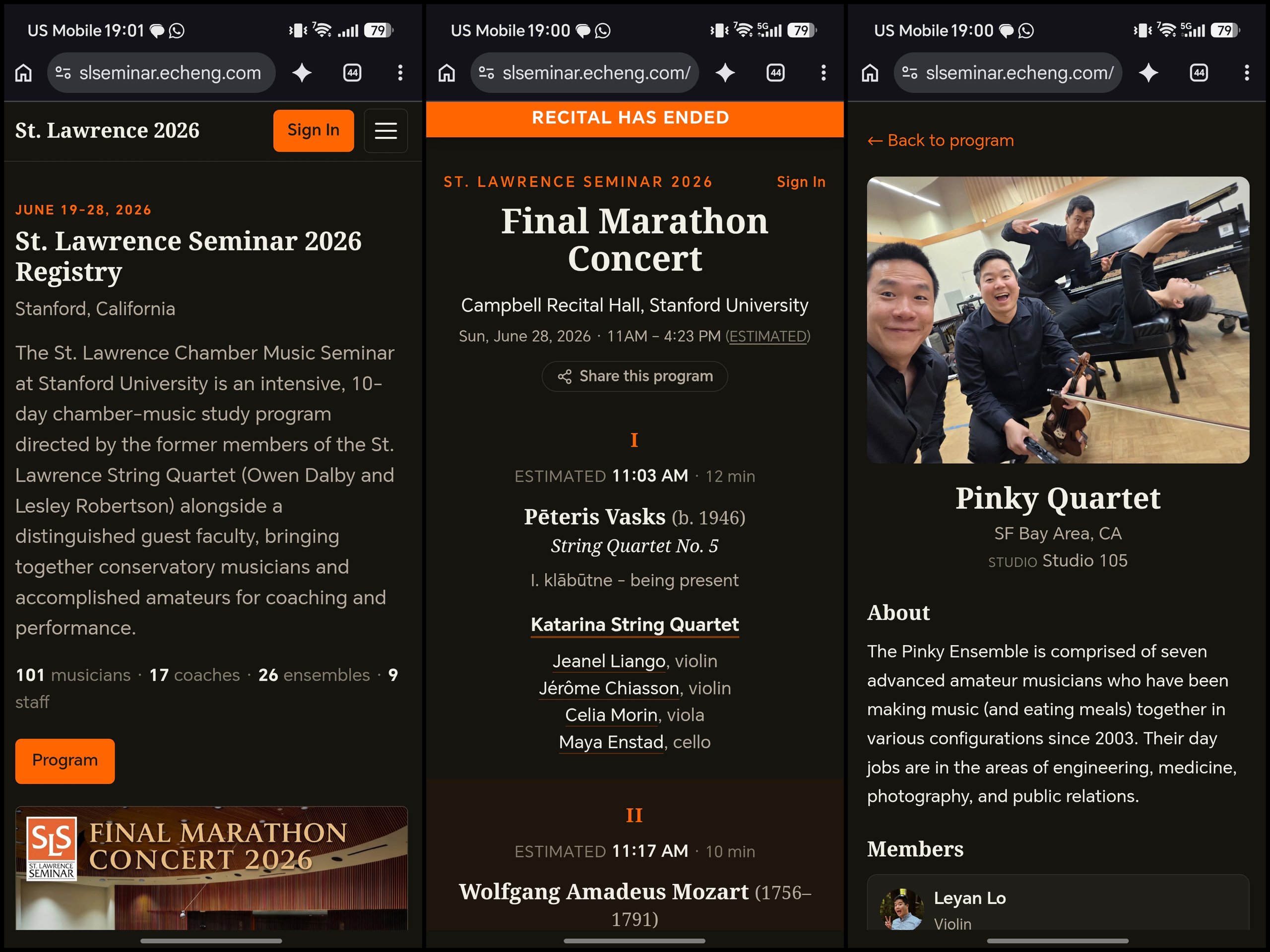 Music Festival Directory: Access-gated participant directory and concert-program browser for 144 participants at a live music seminar.