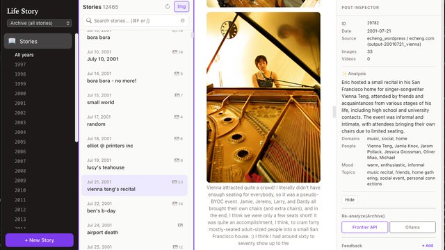 Lifetime Social Catalog: Desktop app for building a curated memoir from 28,000 personal posts, photos and videos.