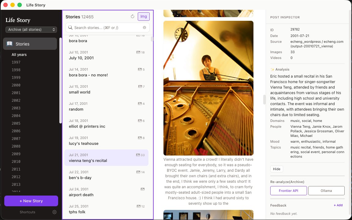 Lifetime Social Catalog: Desktop app for building a curated memoir from 28,000 personal posts, photos and videos.