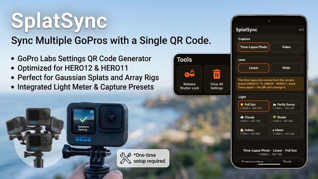 SplatSync: Offline Android app that puts a multi-GoPro Gaussian-splat rig into identical capture settings with a single QR code.