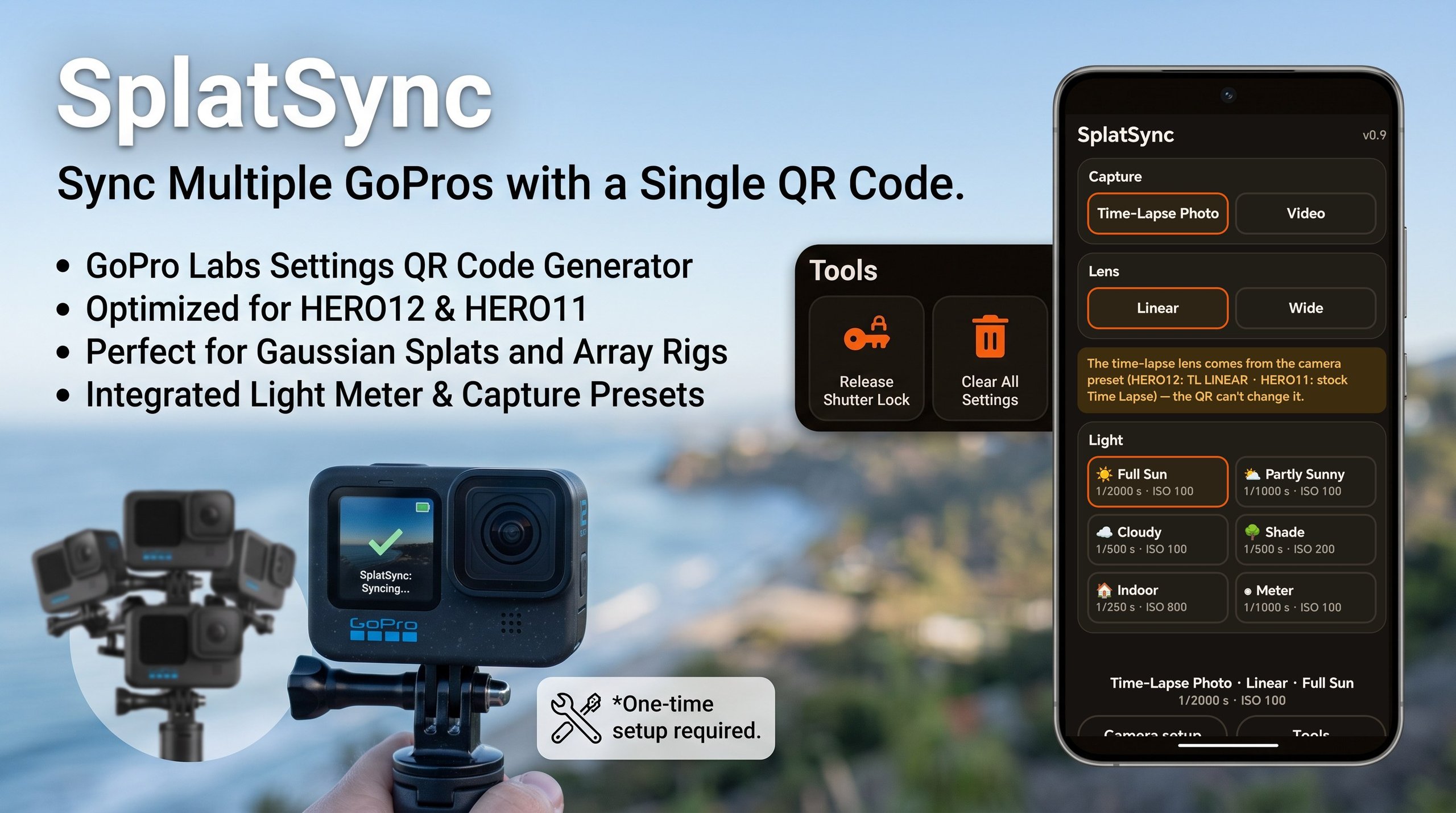 SplatSync: Offline Android app that puts a multi-GoPro Gaussian-splat rig into identical capture settings with a single QR code.