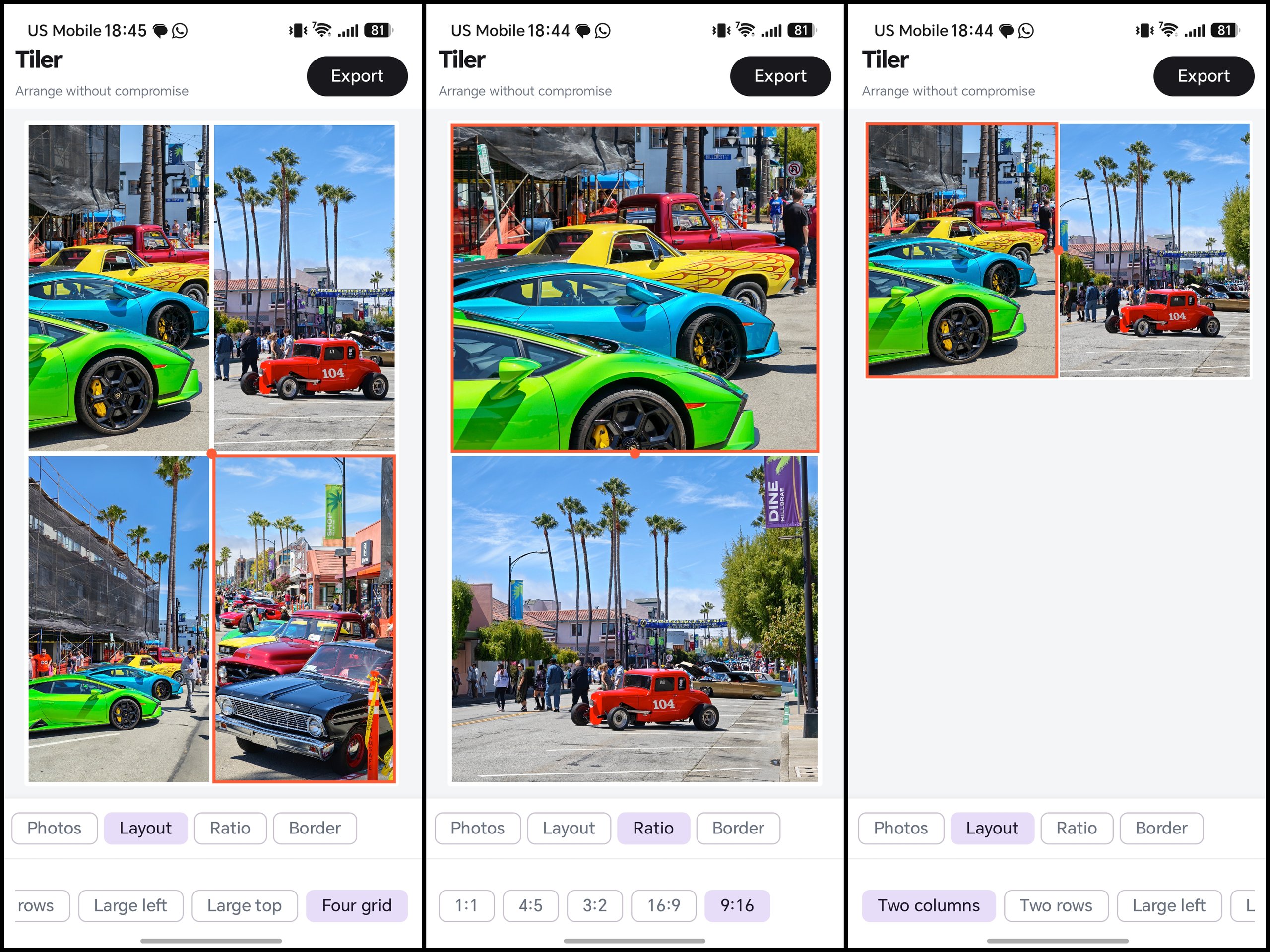 Tiler: Android photo collage editor: five layouts, drag dividers, pinch-to-zoom, no cloud.