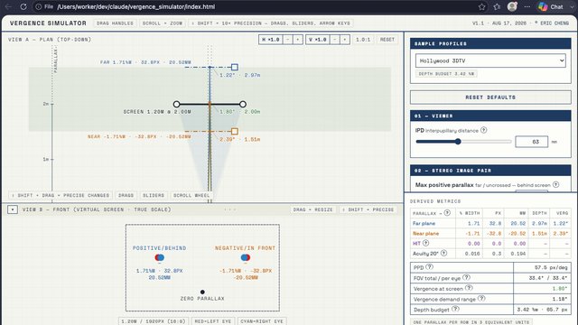 Vergence Simulator: Interactive stereoscopic-3D viewing-geometry simulator for stereo comfort analysis.