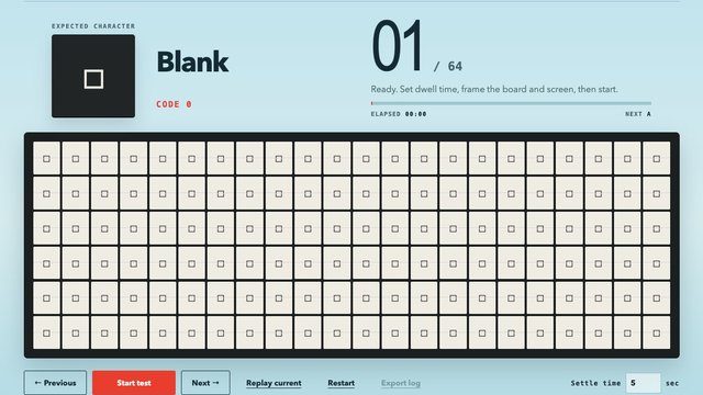 Vestaboard Bit Character Tester: Camera-friendly diagnostic that cycles every physical character state across all 132 Bits.
